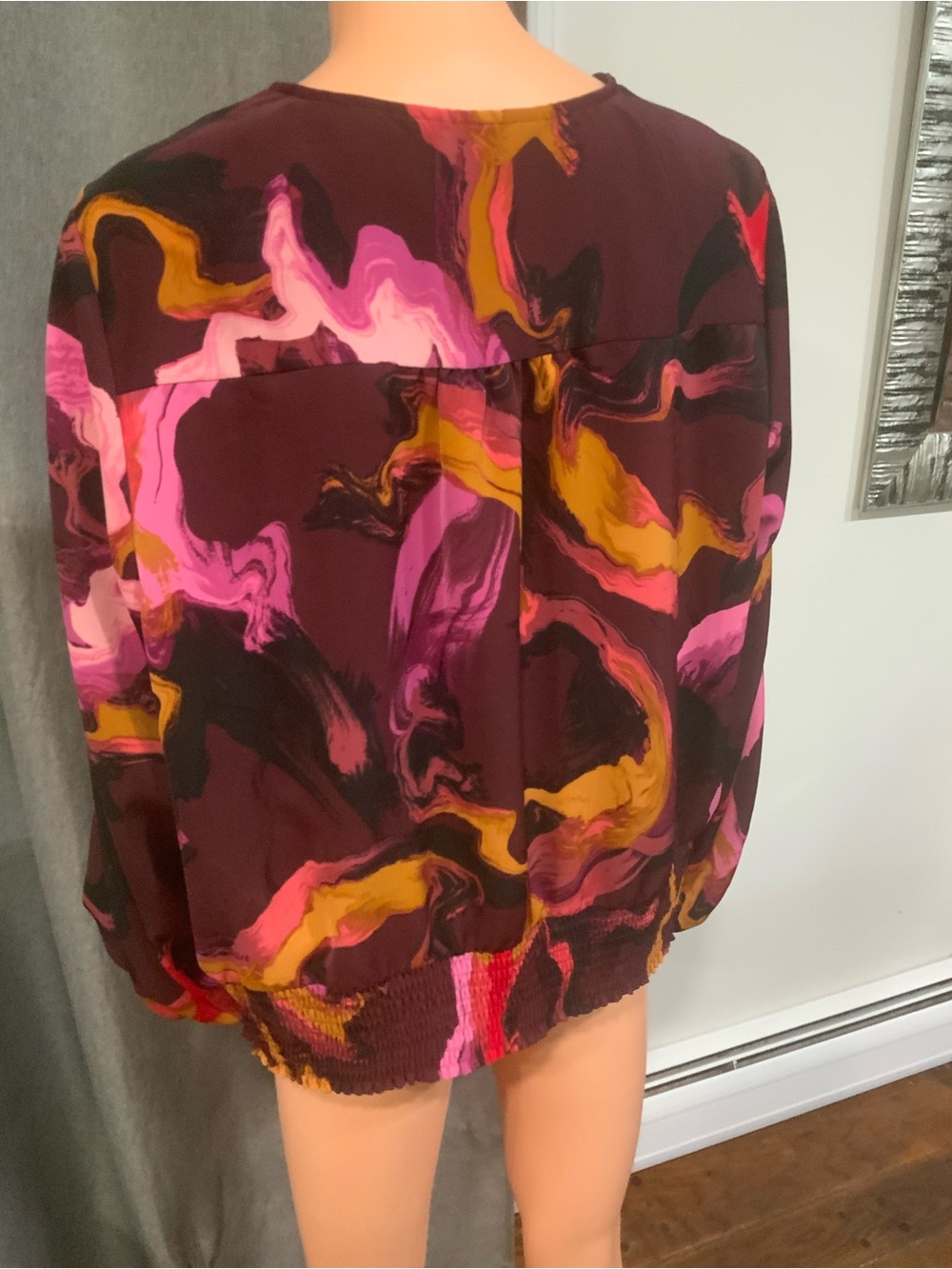 Nine West Burgundy Abstract Wrap Blouse with Mustard & Fuchsia Accents - Picture 3 of 3